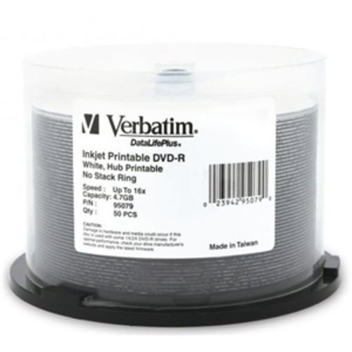 image of Verbatim DVD-R 4.7GB 16x White Wide Inkjet Printable 50pk on Spindle
