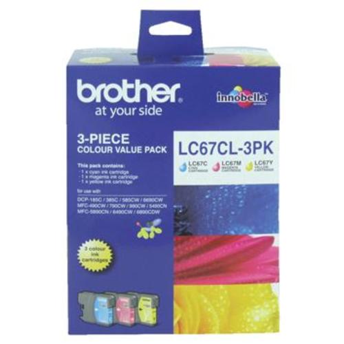 image of Brother LC67CL3PK CMY Colour Ink Cartridges (Triple Pack)