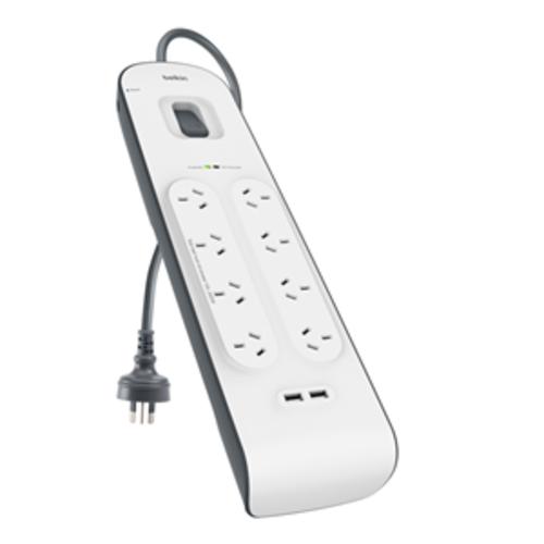 image of Belkin 8 Way Surge Board with 2 x USB Ports (2.4A)