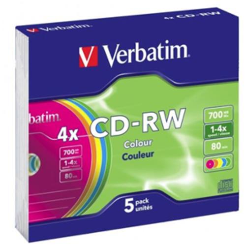 image of Verbatim CD-RW 700MB 2-4x Multi Colour 5 Pack with Slim Cases