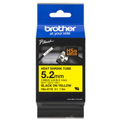image of Brother HSE611E 5.2mm x 1.5m Black on Yellow Heat Shrink Tape