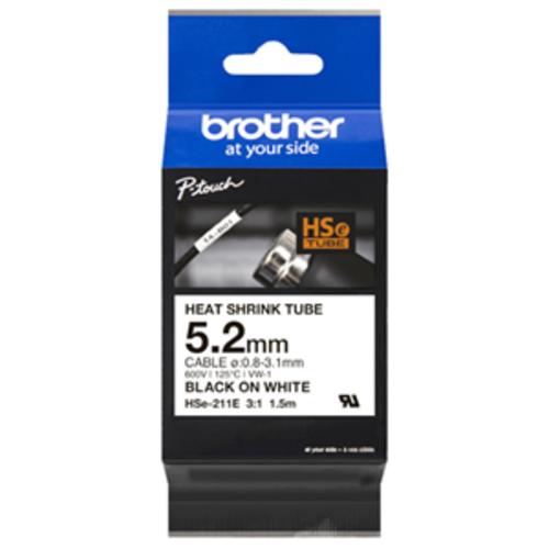 image of Brother HSe-211E 5.2mm x 1.5m Black on White Heat Shrink Tape
